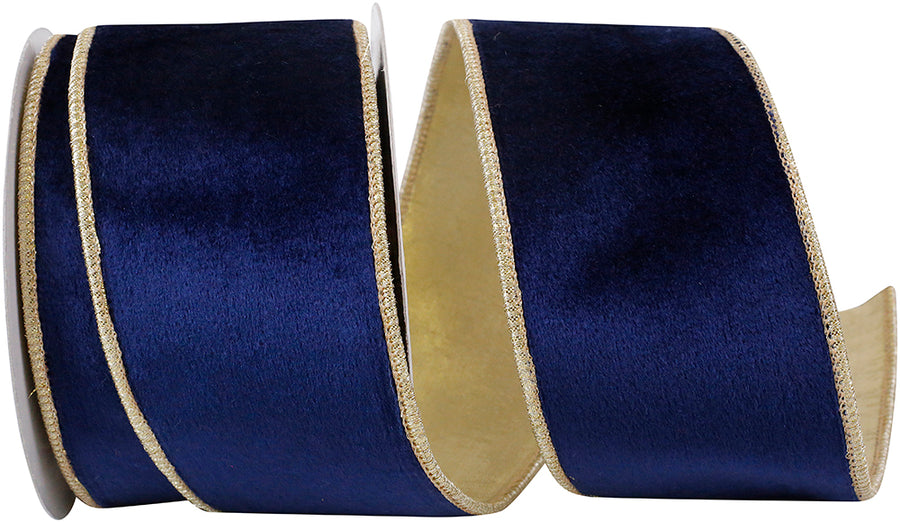 Navy Gold Velvet Plush Wired Edge Ribbon 2-1/2 Inch