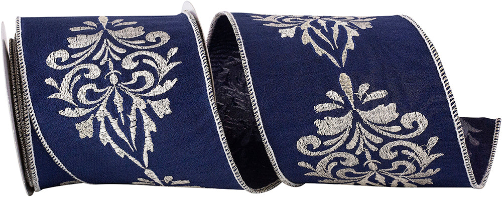 Navy Silver 4 Inch Grand Royal Crest Dupioni Wired Edge Ribbon for Wreaths & Bows