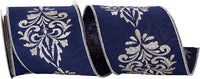 Navy Silver 4 Inch Grand Royal Crest Dupioni Wired Edge Ribbon for Wreaths & Bows