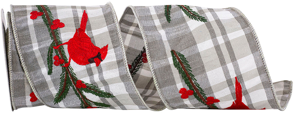 Grey 4 Inch Dupioni Wired Edge Ribbon with Cardinal Holly