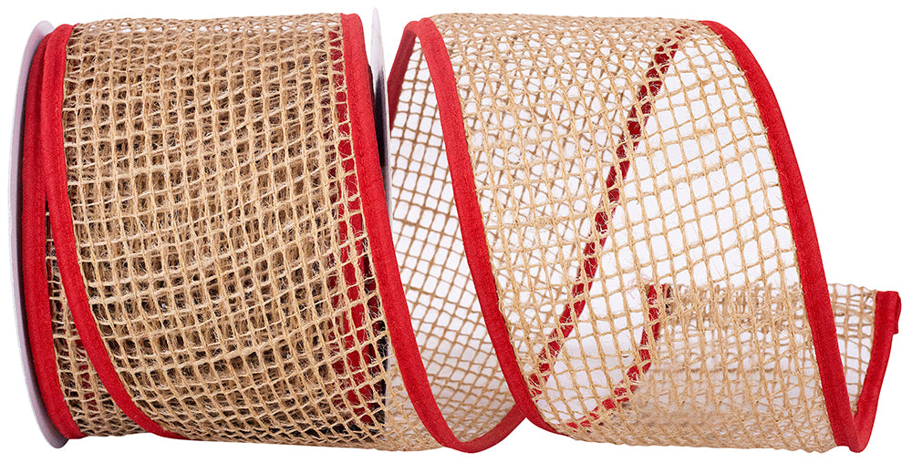 Jute Mesh Ribbon Natural Red 4 Inch Wired Edge 10 Yards