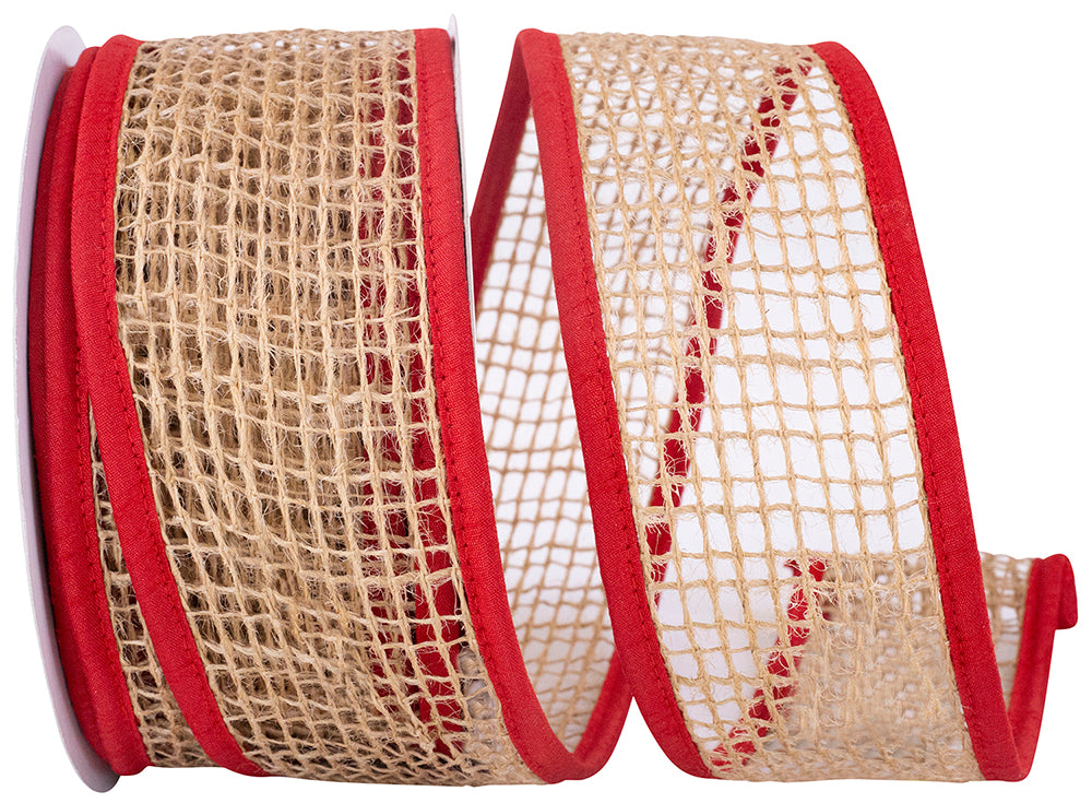 Jute Mesh Ribbon Natural Red 2-1/2 Inch Wired Edge