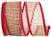 Jute Mesh Ribbon Natural Red 2-1/2 Inch Wired Edge