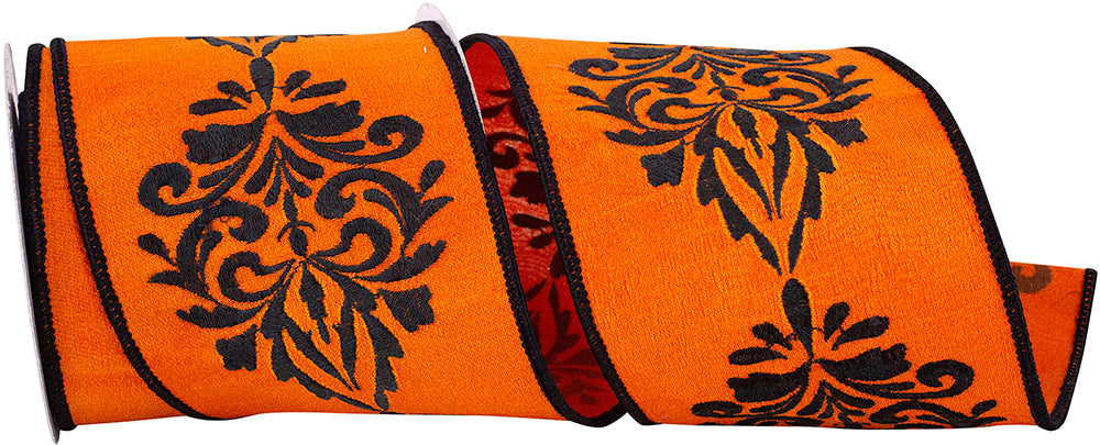 Orange Black 4 Inch Grand Crest Dupioni Wired Edge Ribbon for Wreaths & Bows