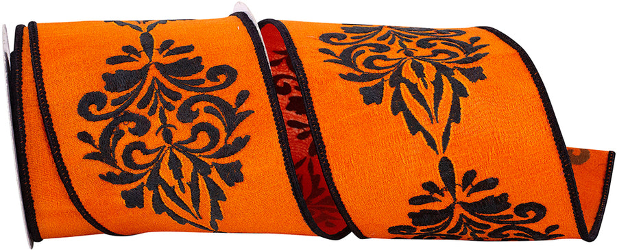 Orange Black 4 Inch Grand Crest Dupioni Wired Edge Ribbon for Wreaths & Bows