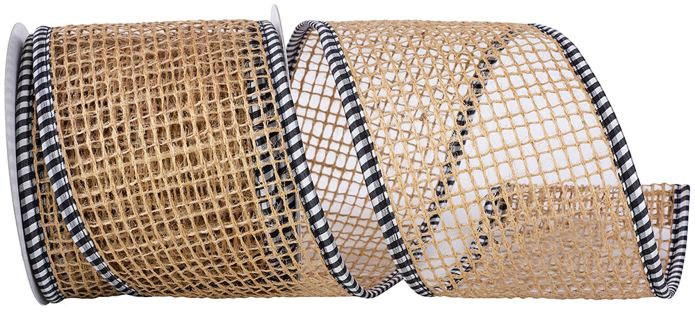 Jute Mesh Ribbon Natural 4 Inch Open Weave with Gingham Edge