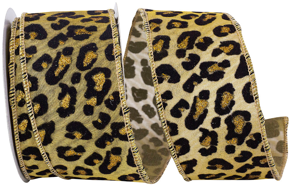 Cheetah Jaguar Spots Gold Black Wired Edge Ribbon 2.5 Inch