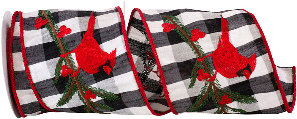 Cardinal Holly Embroidered Check Ribbon Black Red 4 Inch