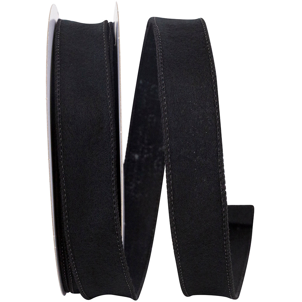 Black 1 Inch Felt Fuzz Petite Wired Edge Ribbon for Wreaths & Bows