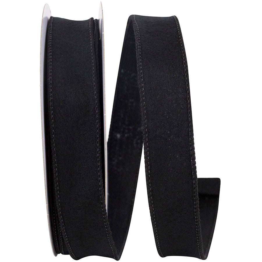 Black 1 Inch Felt Fuzz Petite Wired Edge Ribbon for Wreaths & Bows