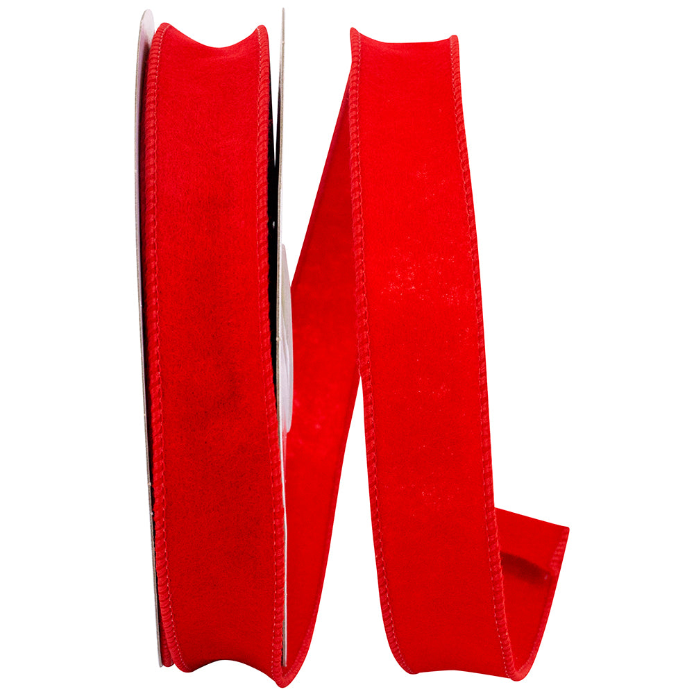Red 1 Inch Felt Fuzz Petite Wired Edge Ribbon for Wreaths & Bows