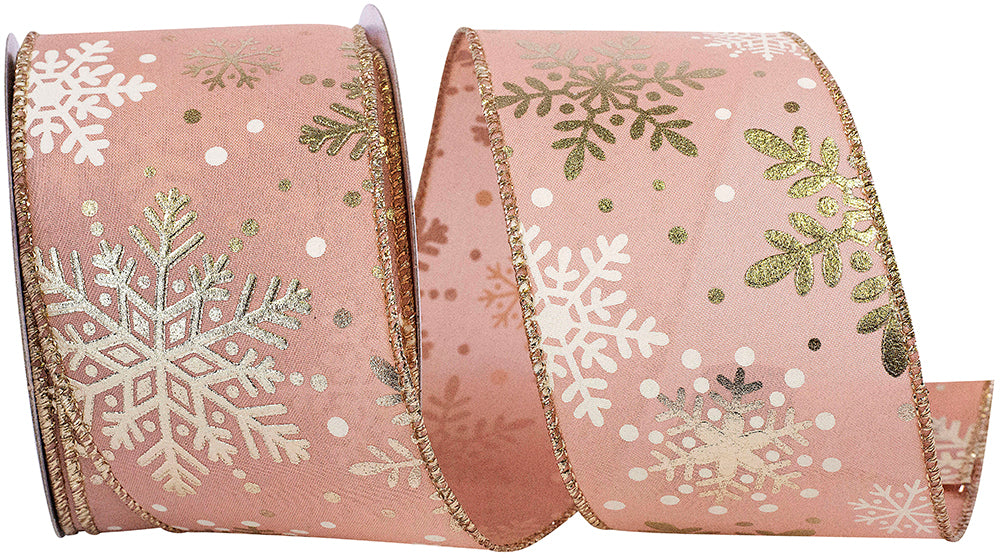 Rose 2-1 2 Inch Rose Gold Texture Snowflake Wired Edge Ribbon for Wreaths & Bows