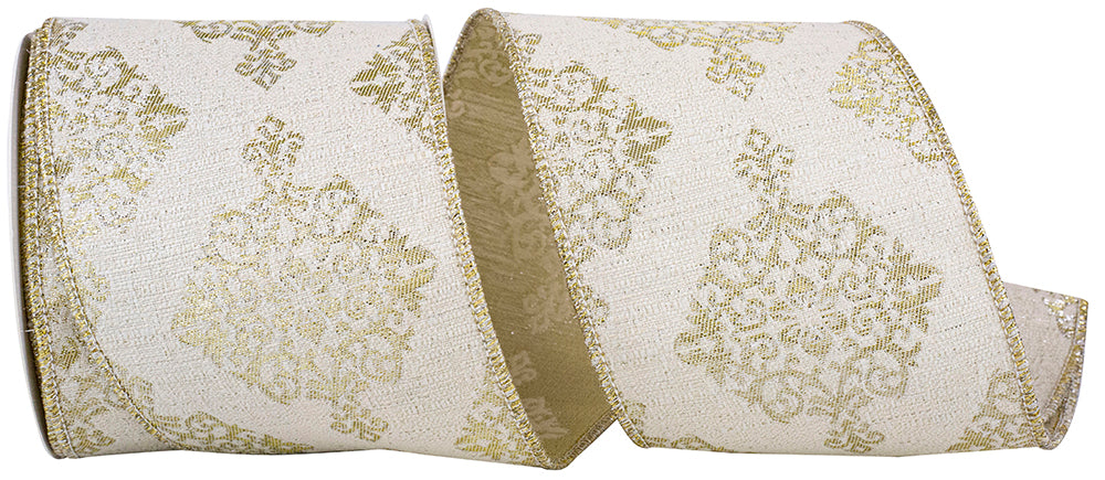 Platinum 4 Inch Lux Brocade Crest Wired Edge Ribbon for Wreaths & Bows