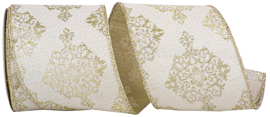 Platinum 4 Inch Lux Brocade Crest Wired Edge Ribbon for Wreaths & Bows