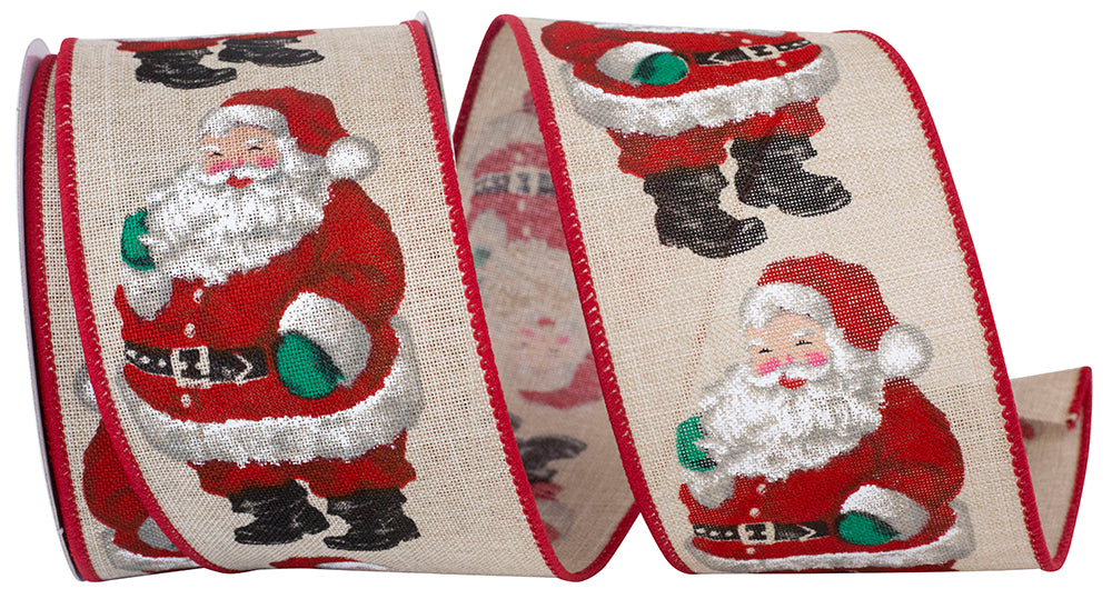 Standup Santa Linen Wired Edge Ribbon Natural Red 2-1/2 Inch