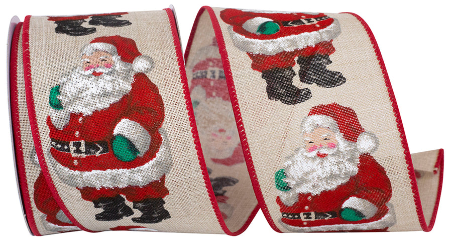Standup Santa Linen Wired Edge Ribbon Natural Red 2-1/2 Inch