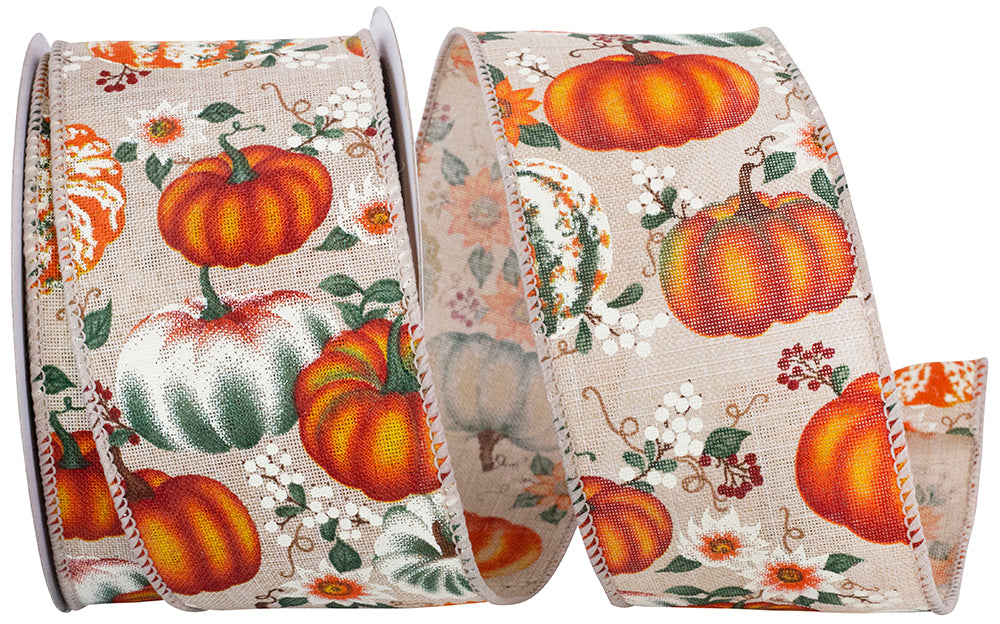 Natural 2-1 2 Inch Harvest Pumpkins & Flowers Line Wired Edge Ribbon for Wreaths & Bows