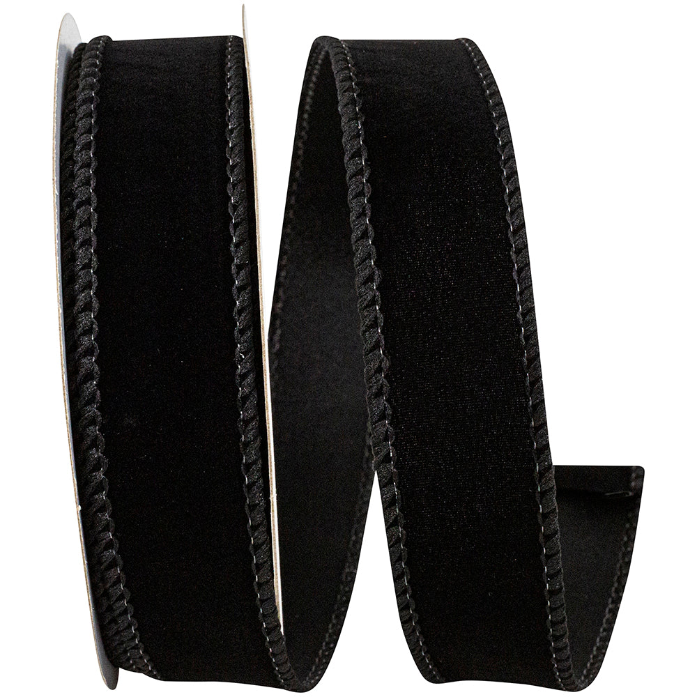 Black 1 Inch Velvet Fuzz Wired Edge Ribbon for Wreaths & Bows