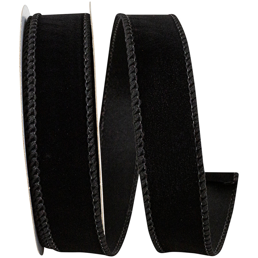Black 1 Inch Velvet Fuzz Wired Edge Ribbon for Wreaths & Bows