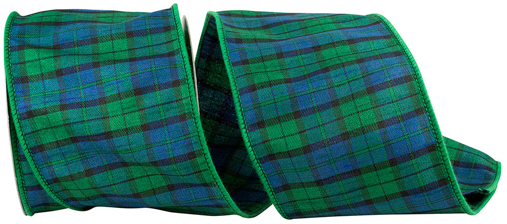 Black Watch Tartan Plaid Wired Edge Ribbon Blue Green 4 Inch