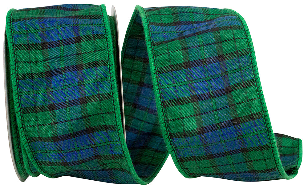 Black Watch Tartan Plaid Wired Edge Ribbon Blue Green 2-1/2 Inch