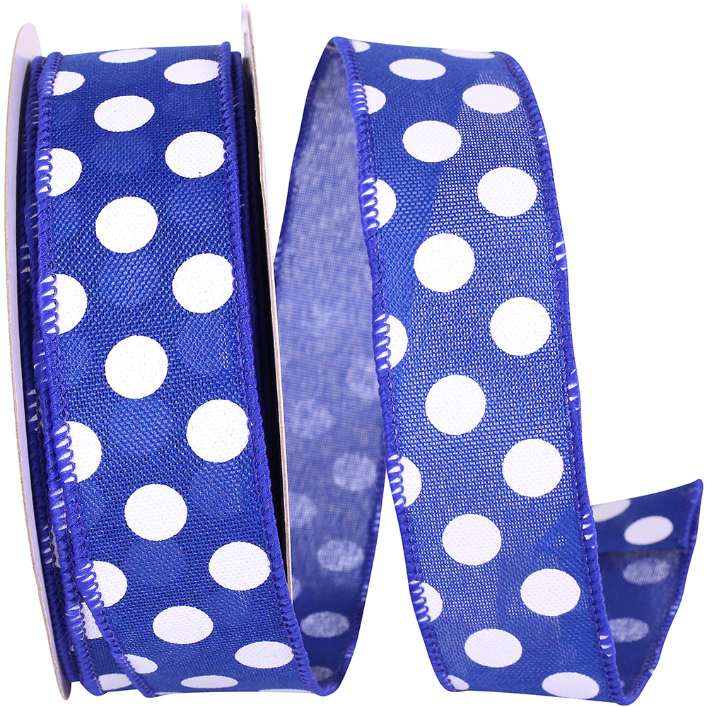 Linen Aspirin Dots Wired Edge Ribbon Royal White 1-1/2 Inch