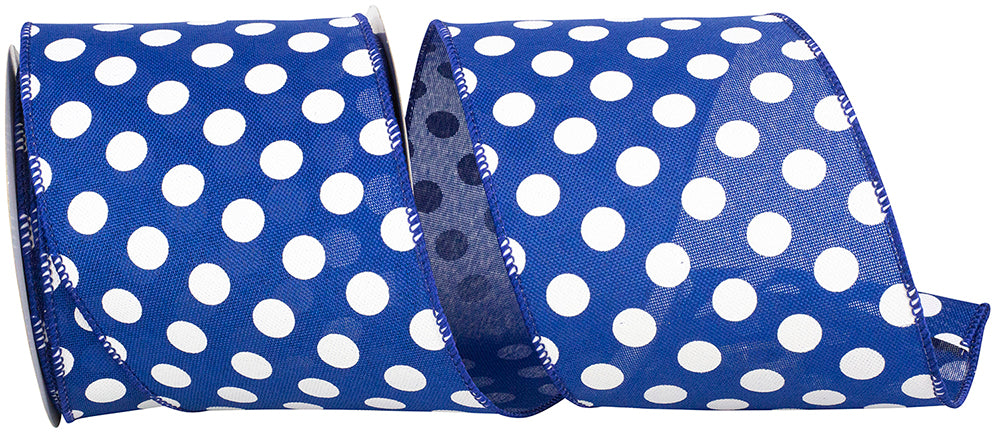 4 Inch Royal White Linen Aspirin Dots Wired Edge Ribbon