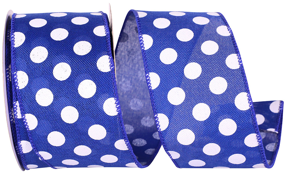 Linen Aspirin Dots Wired Edge Ribbon Royal White 2-1/2 Inch
