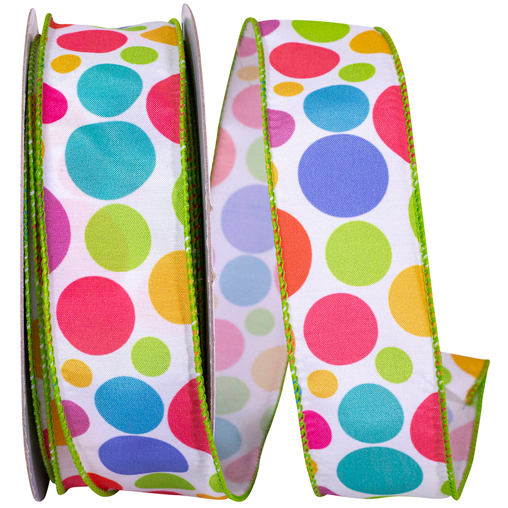 Multi 1-1 2 Inch Rainbow Disco Dot Wired Edge Ribbon for Wreaths & Bows