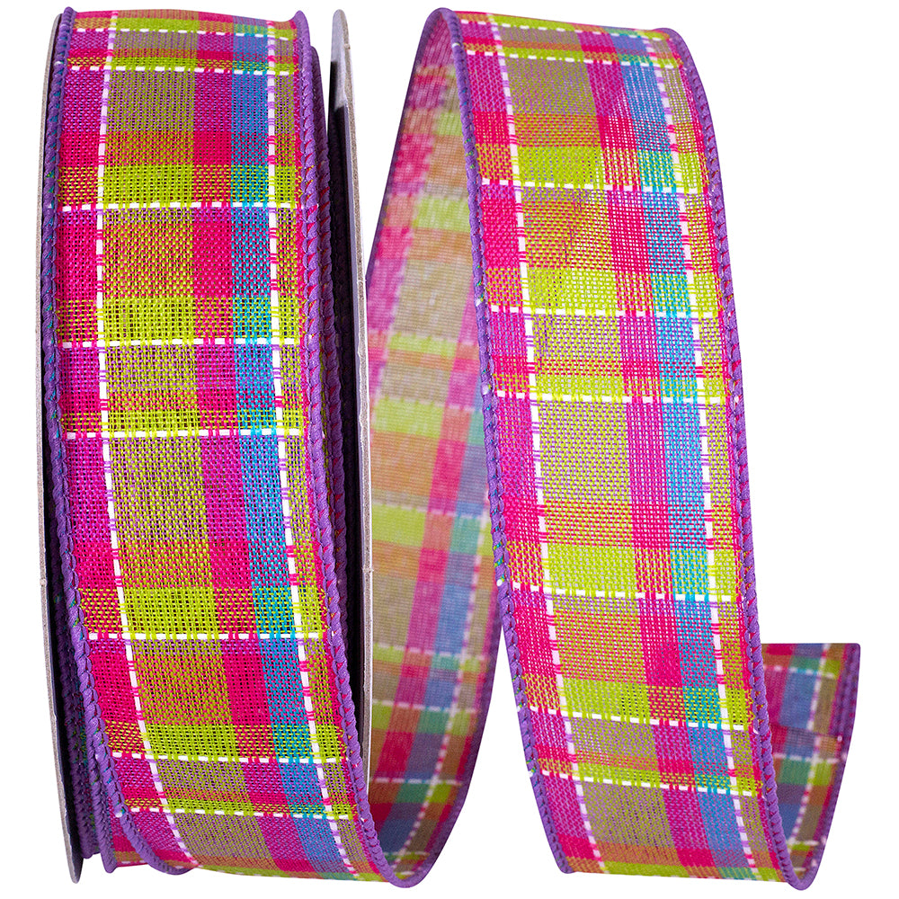 Purple 1-1/2 Inch Wired Edge Plaid Ribbon for Wreaths