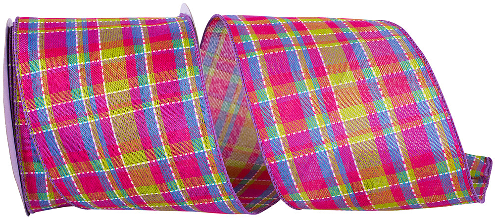 Purple 4 Inch Wired Edge Plaid Stitch Ribbon