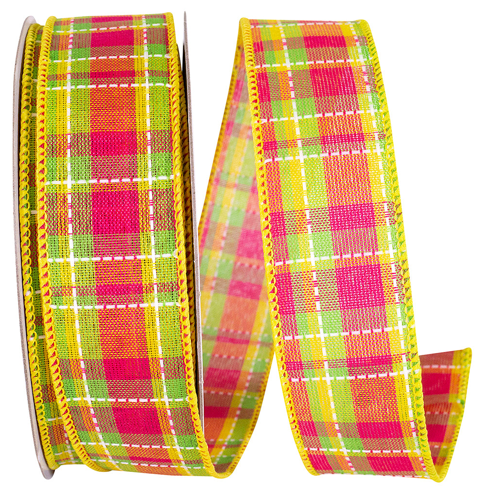 Yellow 1-1/2 Inch Bright Plaid Wired Edge Ribbon