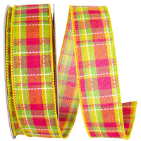 Yellow 1-1/2 Inch Bright Plaid Wired Edge Ribbon