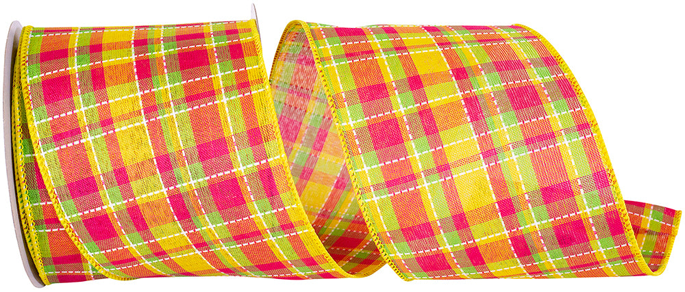 Yellow 4 Inch Wired Edge Plaid Ribbon for Wreaths and Bows