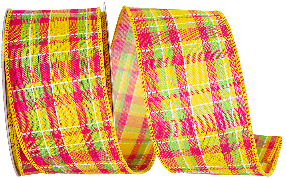 Yellow 2-1/2 Inch Bright Plaid Stitch Wired Edge Ribbon