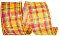 Yellow 2-1/2 Inch Bright Plaid Stitch Wired Edge Ribbon