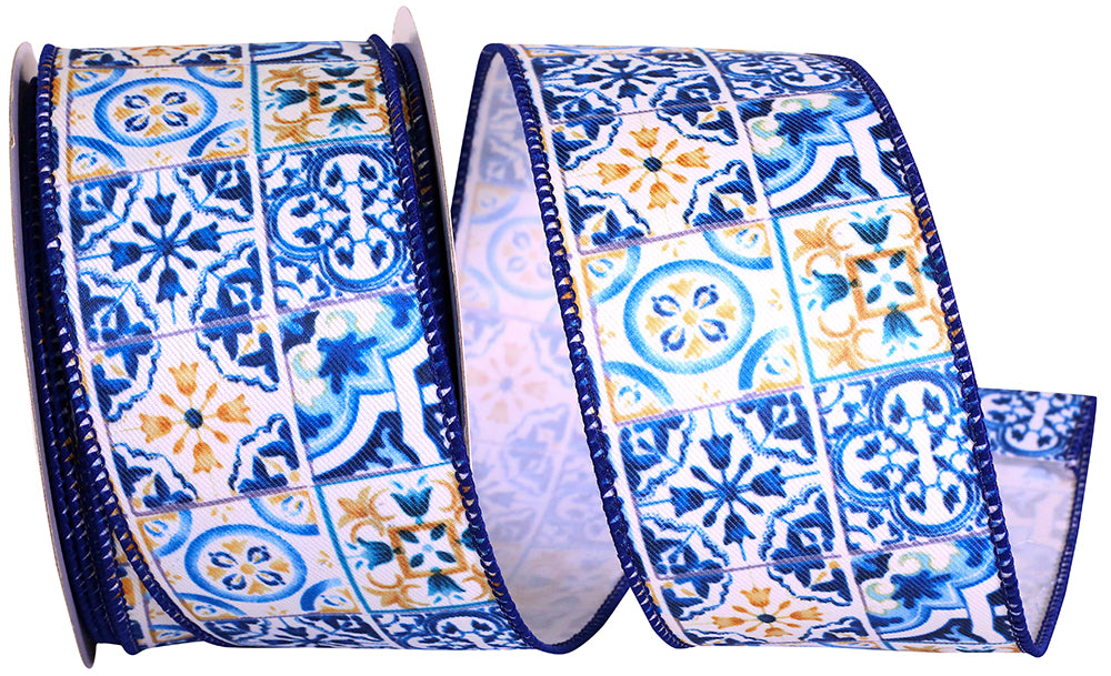 Royal 2-1 2 Inch Mediteraneo Tiles Style Wired Edge Ribbon for Wreaths & Bows