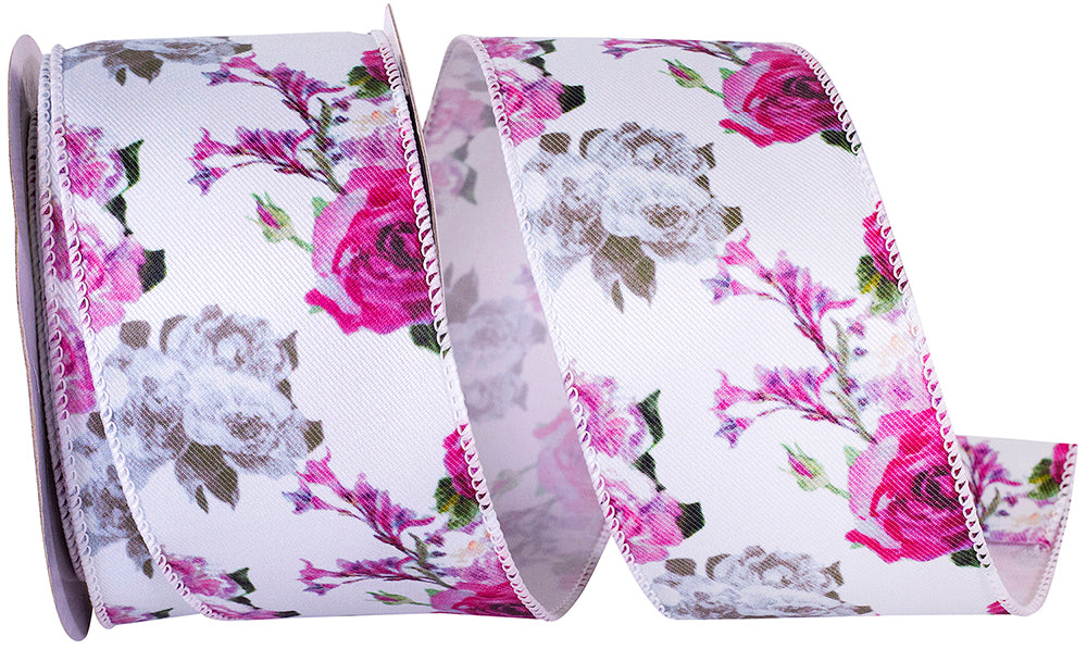 White 2-1 2 Inch Cabbage Rose Reality Wired Edge Ribbon for Wreaths & Bows