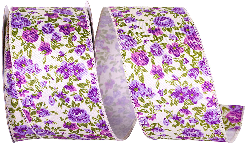 Lilac 2-1 2 Inch Rose Patch Calico Wired Edge Ribbon for Wreaths & Bows