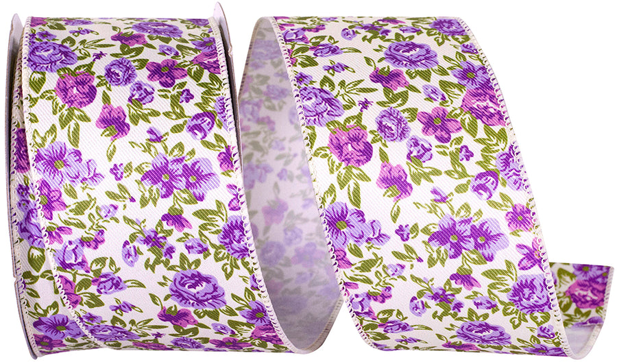 Lilac 2-1 2 Inch Rose Patch Calico Wired Edge Ribbon for Wreaths & Bows