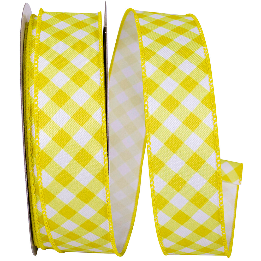 Gingham Diagonal Twill Wired Edge Ribbon Yellow White 1-1/2 Inch