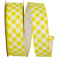 Gingham Diagonal Twill Wired Edge Ribbon Yellow White 1-1/2 Inch