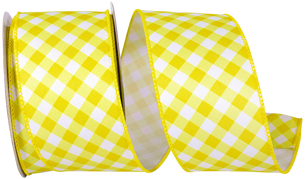 Gingham Diagonal Twill Wired Edge Ribbon Yellow White 2-1/2 Inch