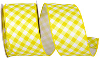 Gingham Diagonal Twill Wired Edge Ribbon Yellow White 2-1/2 Inch