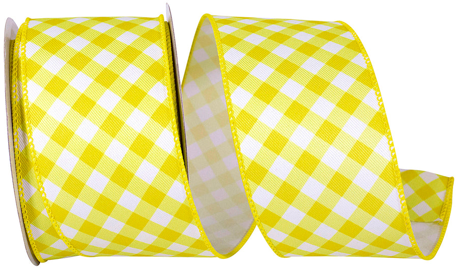 Gingham Diagonal Twill Wired Edge Ribbon Yellow White 2-1/2 Inch