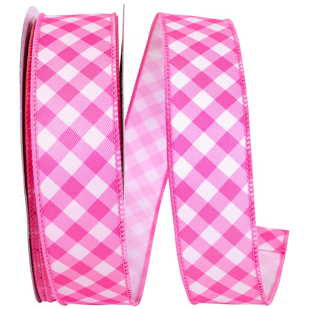 Gingham Diagonal Twill Ribbon Pink White 1-1/2 Inch 20 Yards