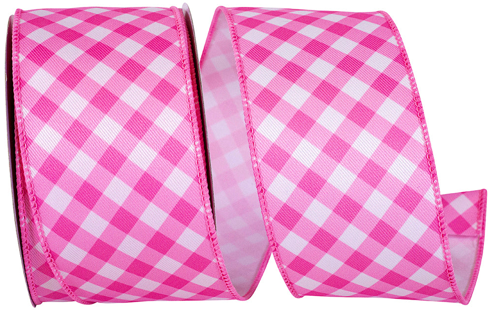 Gingham Diagonal Twill Ribbon Pink White 2-1/2 Inch