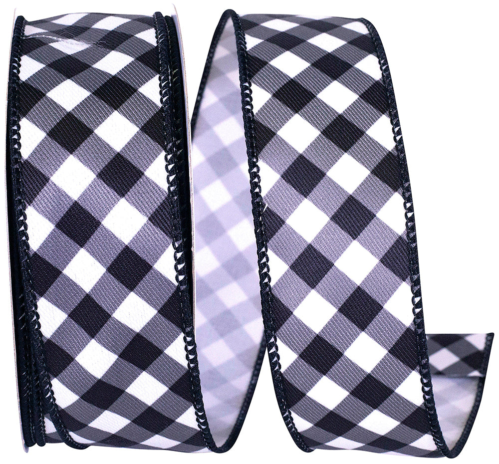 Gingham Diagonal Twill Ribbon Black White 1-1/2 Inch