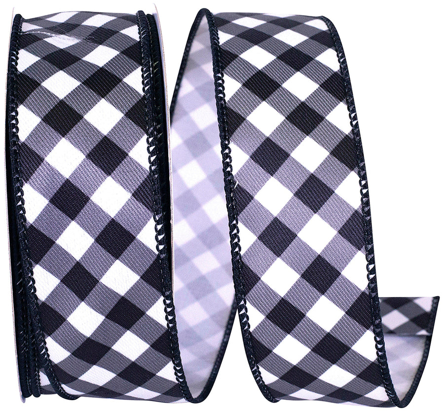 Gingham Diagonal Twill Ribbon Black White 1-1/2 Inch