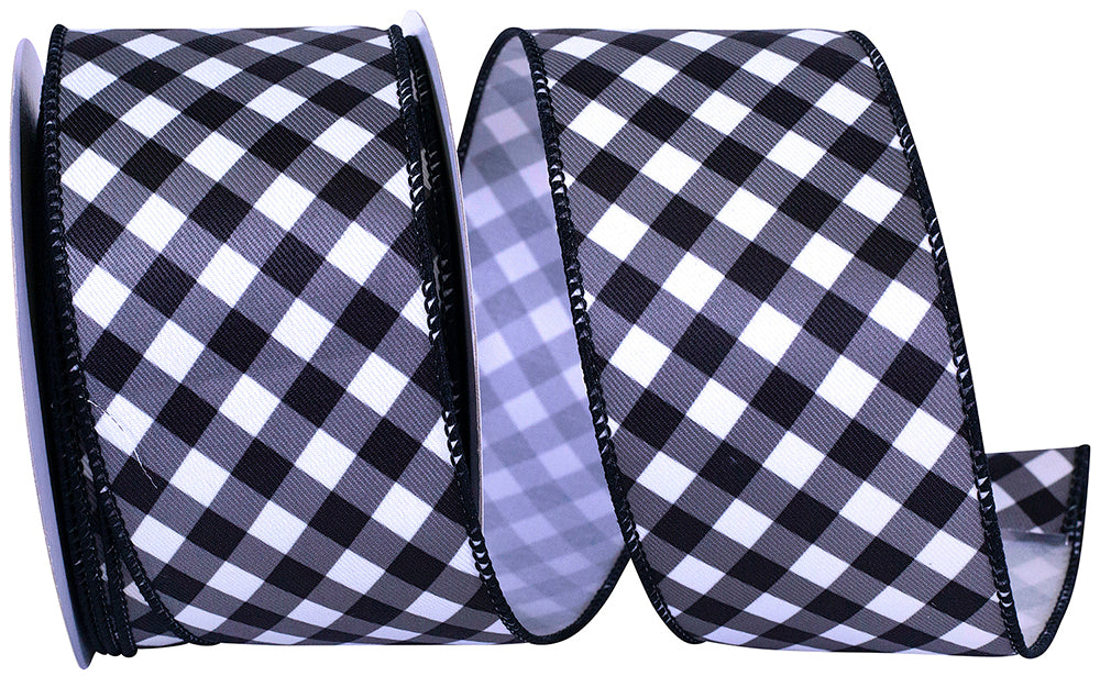Gingham Diagonal Twill Wired Edge Ribbon Black White 2-1/2 Inch